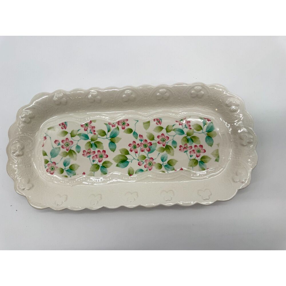 Vintage Hanagen Japan Porcelain Serving Tray Pink Floral Scalloped Clover Dish